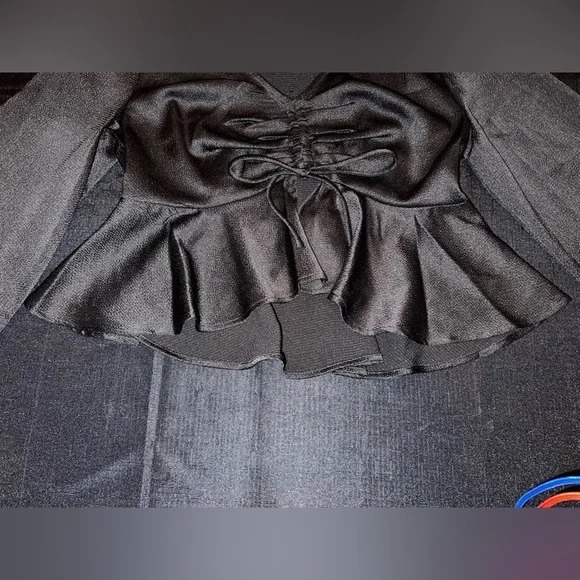 All in Favor Tie Front Satin Peplum Top in Black - Picture 6 of 10